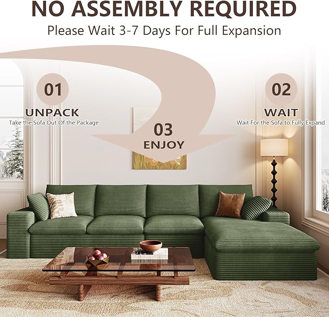 Cloud Sectional Couch,136 Inch Modular Sectional Sofa with Deep Seat, Modern Corduroy Boneless Couches with L-Shape Chaise for Living Room Bedroom, No Assembly Required (Green, Right Facing Chaise)