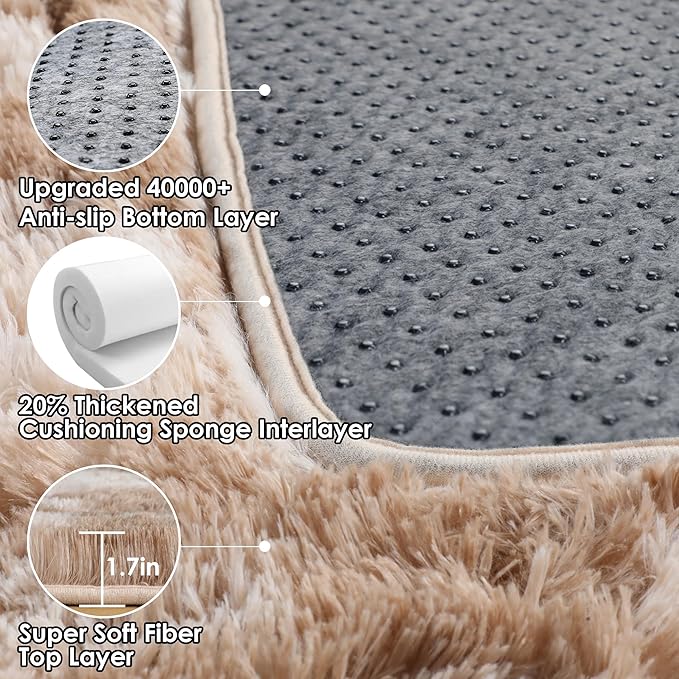 ONASAR Runner Rugs for Bedroom Living Room, Tie-Dyed Beige 2x6 Washable Bedside Hallway Fluffy Area Rug, Ultra Soft Plush Furry Faux Fur Non Slip Floor Carpet for Nursery Kids Dorm Closet Home Decor