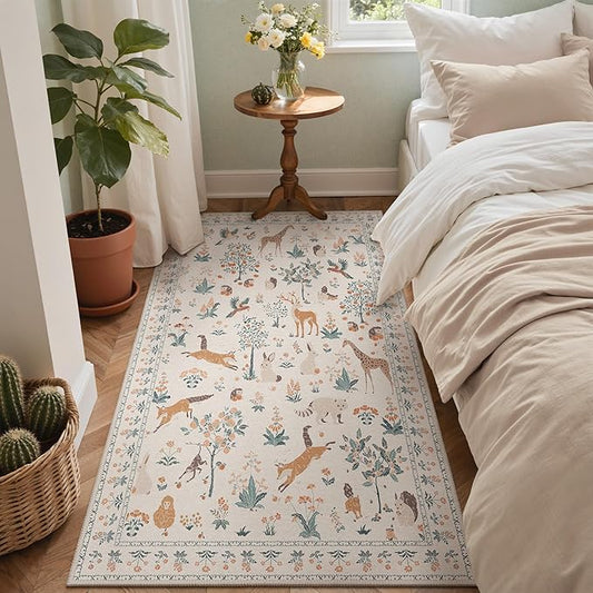3x5 Rug Washable Area Rug Non Slip,Floral Animal Print Low Pile Small Carpet for Bedroom, Entryway, Living Room,Playroom, Beige
