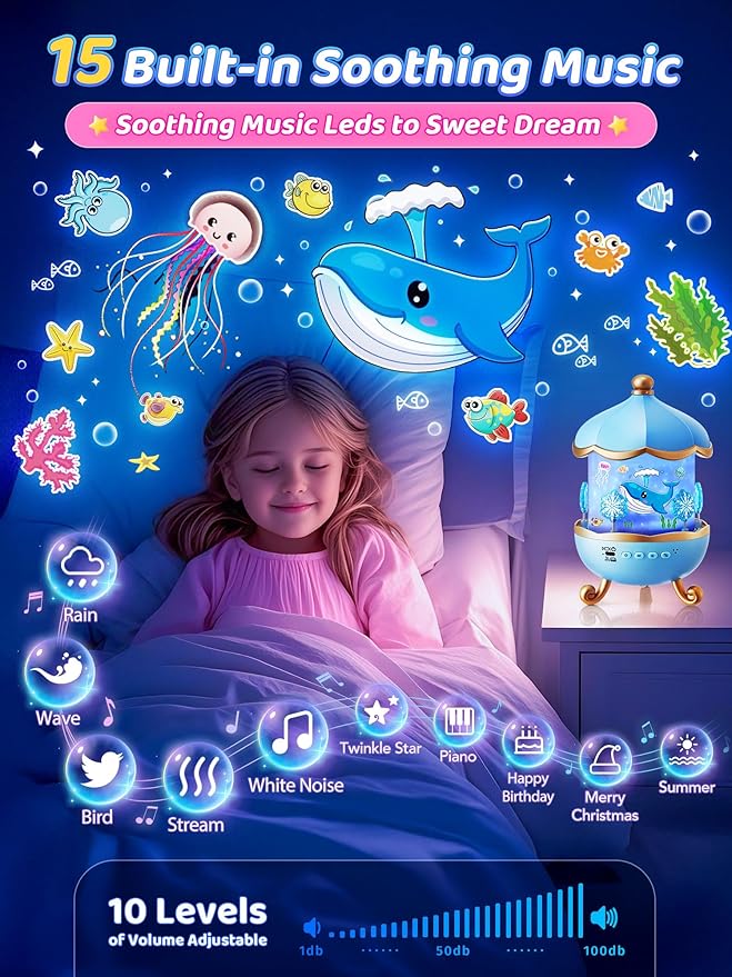 Snow Night Light for Kids, 15 White Noise+16 Films+336 Colors Star Projector for Kids, 360°+Remote+Cordless Baby Night Light Projector, Princess Toys for Girls Room Decor Light Up Christmas Decor