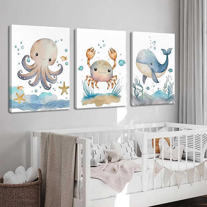 Ocean Nursery Wall Art Set of 3, Sea Animal Baby Boys Room Canvas Wall Decor Paintings, Watercolor Ocean Kids Nursery Posters Prints Pictures for Boys and Girls Room, Bedroom 16x24 Inch Framed