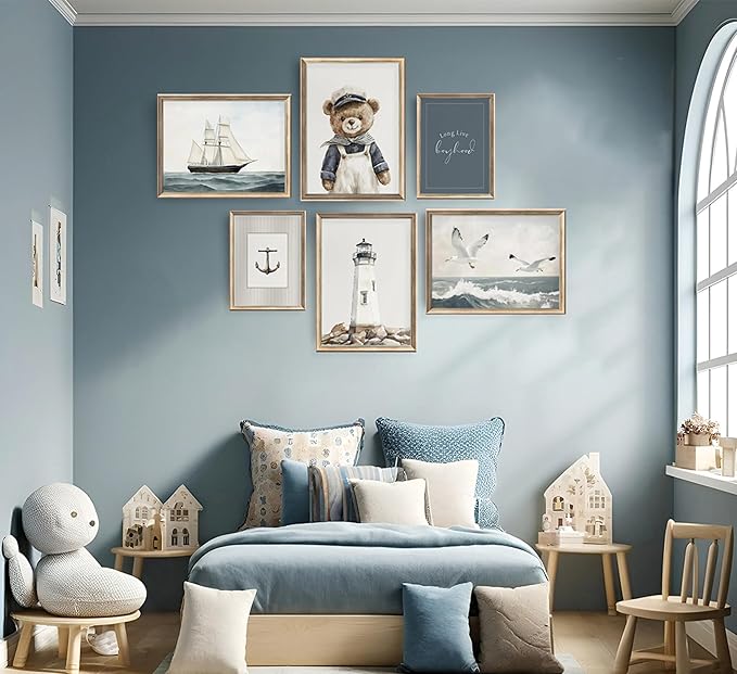BMFLFWXE Vintage Nautical Nursery Wall Art Boy Coastal Canvas Posters Teddy Bear Sailor Pictures Navy Blue Ocean Sailboat and Lighthouse Painting Print Artwork for Kids Boy Room Playroom, Unframed