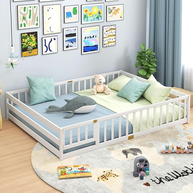 Giantex Queen Floor Bed with Door & Fence, Kids Wood Montessori Beds with Safety Guardrails, Floor Bed Twin for Kids, Boys, Girls, No Box Spring Needed, White