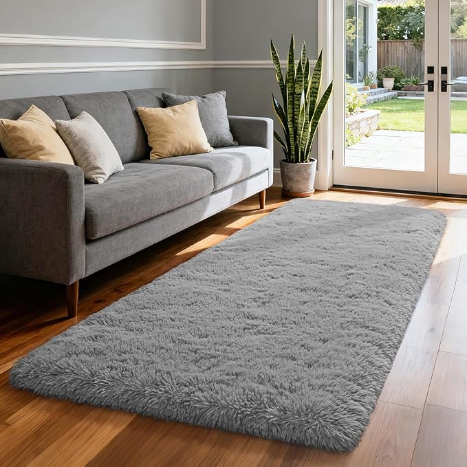 Merelax Soft Area Rug Fluffy Rugs for Living Room Bedroom Decor, 2x6 Runner Rugs for Hallway, Shag Furry Bedside Rug Indoor Accent Floor Carpet, Non-Slip Plush Rug for Nursery Kids Room Dorm, Grey