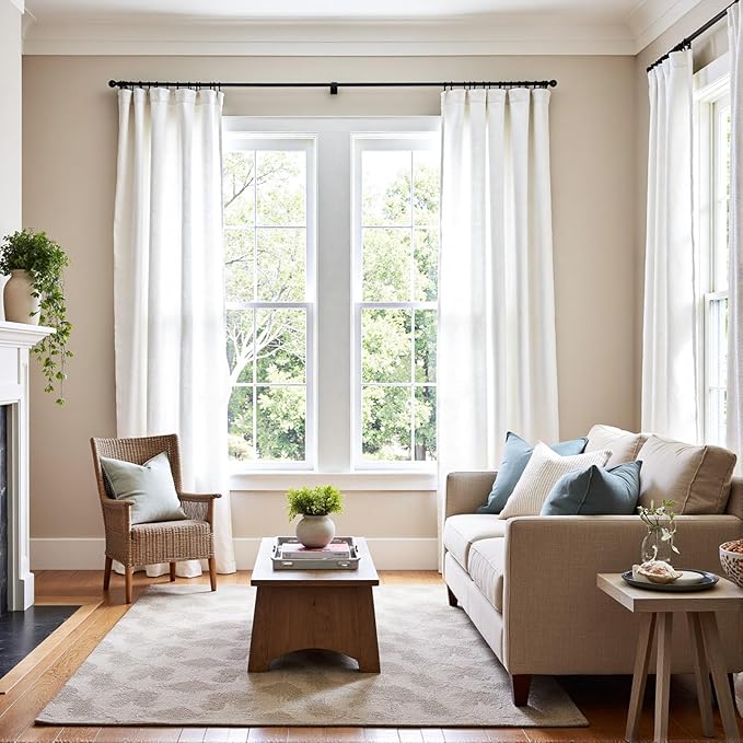jinchan Linen Blend Curtains 90 inch Length 2 Panels for Bedroom Living Room, Light Filtering 50 inch Wide Farmhouse Drapes with Rod Pocket Back Tab(50W x 90L, Off White)