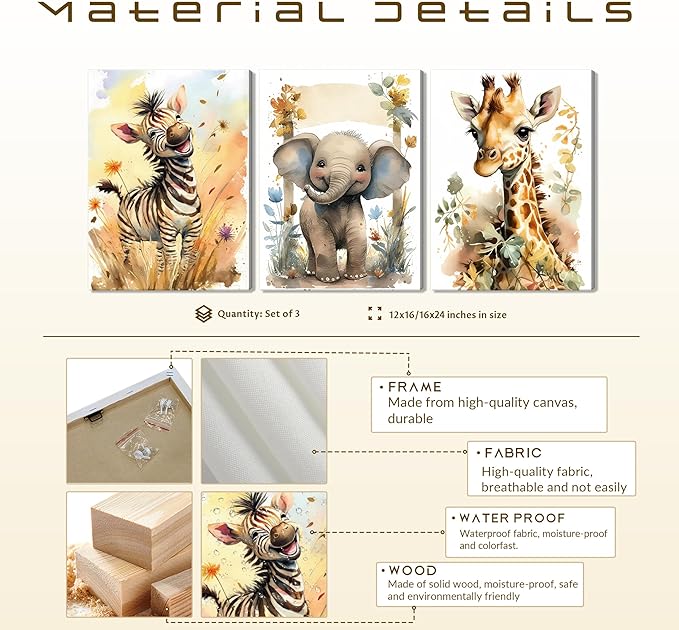 Woodland Animal Wall Art Set of 3, Wild Animals Nursery Picture Wall Decor Canvas, Cute Giraffe Elephant Zebra Watercolor Poster Print Artwork for Boys Girls Room Decoration – 16x24 inch