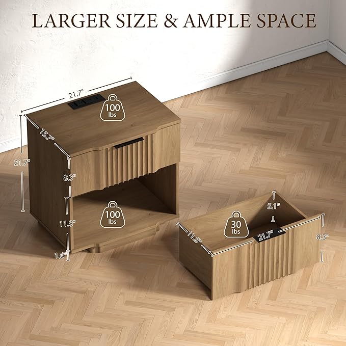 XIAO WEI End Table with 20W Fast Charging Station Set of 2,Fluted Side Table with Storage,End Table with Drawers,Sofa Table for Living Room, Natrual