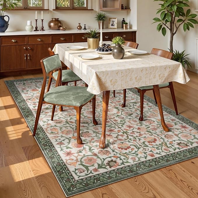Anidaroel Washable Area Rugs 5x7, Floral Rug for Living Room Boho Area Rug, Non Slip Soft Large Bedroom Rug, Low Pile Stain Resistant Dining Room Rugs Indoor Floor Carpet for Dorm, Beige