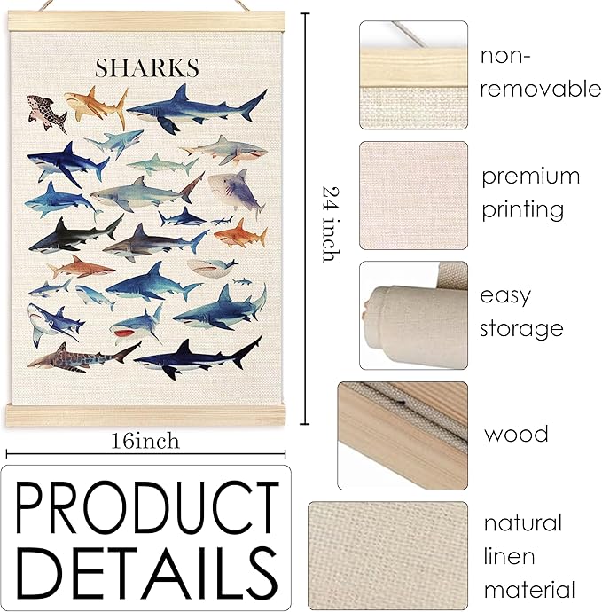 Ecezatik Watercolor Sharks Wall Art with Wooden Poster Hanger, Shark Posters, Beach Room Decor, Ocean Room Decor, Shark Wall Art Decor for for Classroom Nursery Kids Room Playroom, 16x24 Inch