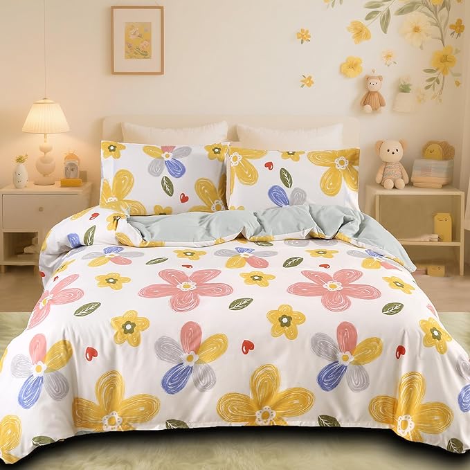 MAG 3pcs Floral Bedding King,Colorful King Size Duvet Cover Set Floral,Rainbow Flower Duvet Cover Set for Toddler Kids, Girls,Super Cute Microfiber (no Comforter) (Yellow, King)
