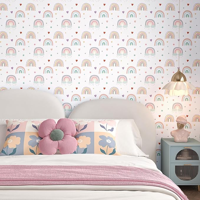 CHIHUT Boho Rainbow Wallpaper 17.7”x100” Kids Wallpaper Stick and Peel for Girls Bedroom Self Adhesive Removable Baby Room Cute Colorful Wall Paper Decorative Boho Contact Paper for Classroom