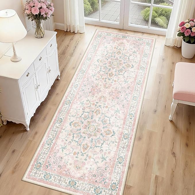 Machine Washable Rugs Nursery Rug 2x6 Cute Girl Non Slip Low Pile Water Repellent Soft Print Pattern for Bedroom Indoor Decor Kids Playroom Pinkteal