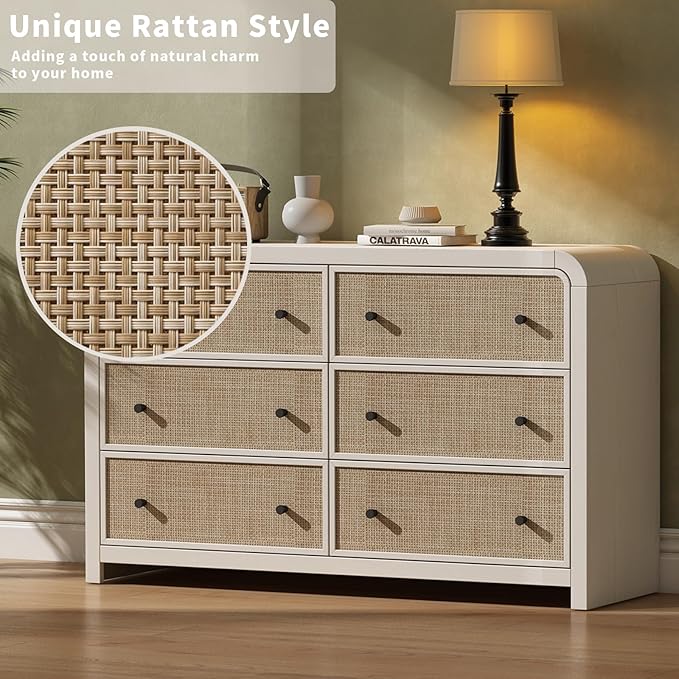 Oak&Sparrow 6 Drawer Dresser for Bedroom, 49'' Rattan Dresser with Ample Storage, Boho Chest of Drawers, Thickened Curved Profile Design, Oak Dressers for Bedroom, Living Room