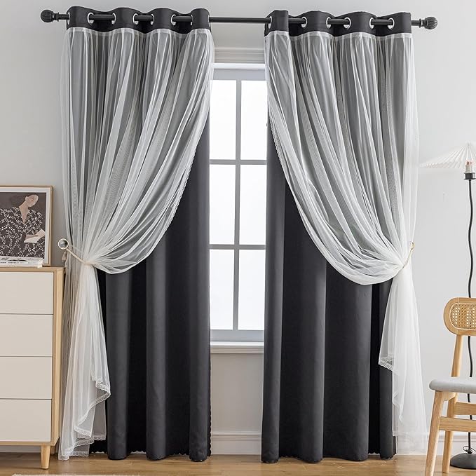 Anytime Home Curtains Blackout and Sheer Layered Solid Window Curtain Panel Pair with Grommet Top, 52Wx108L,Black