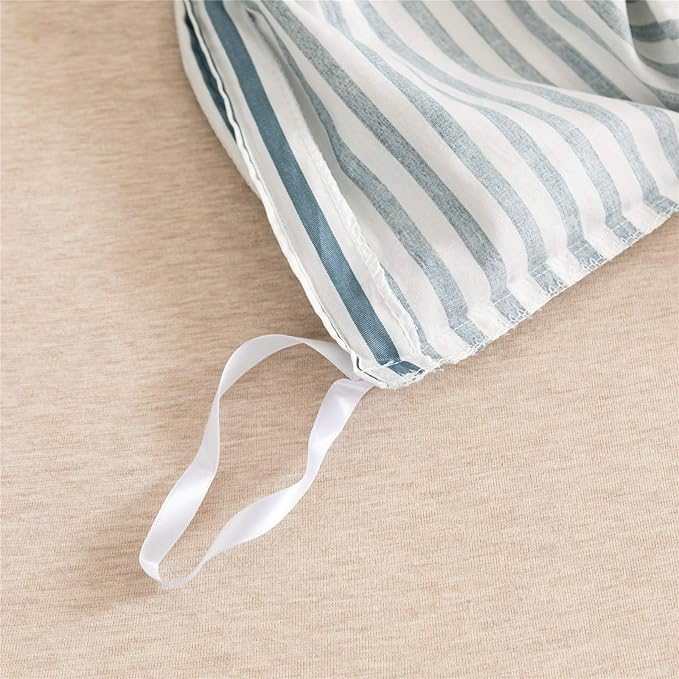 JELLYMONI 100% Natural Cotton 2pcs Striped Duvet Cover Sets,White Duvet Cover with Grayish Blue Stripes Pattern Printed Comforter Cover,with Zipper Closure & Corner Ties(Twin Size)
