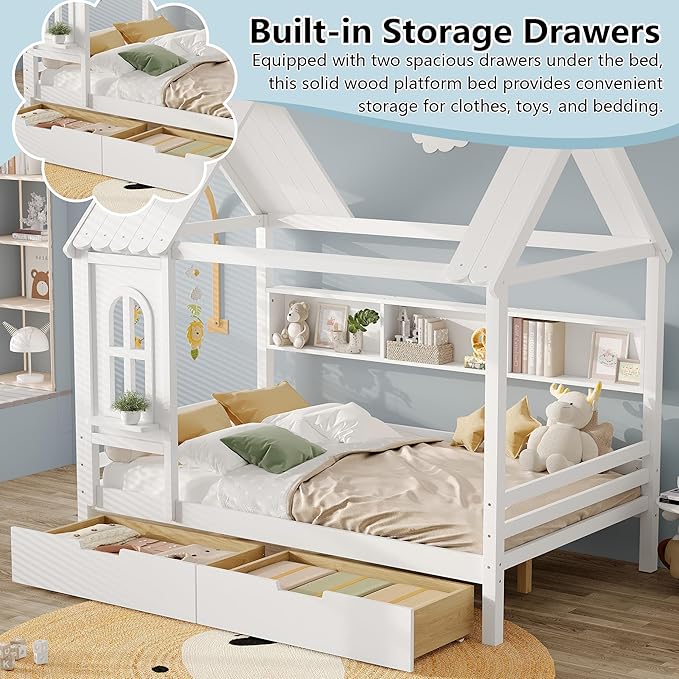Full House Bed with Drawers and Window, Solid Wood House Platform Bed with Shelves, Full Bed Frame with House-shaped Roof for Kids, Boys, Girls, No Box Spring Needed and Childlike Design, White
