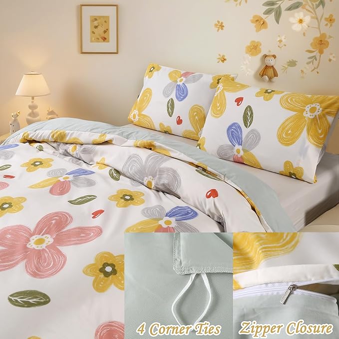 MAG 3pcs Floral Bedding Duvet Cover Set Queen,Boho Duvet Cover Colorful,Flower Duvet Cover Set for Toddler,Kids,Girls, Super Cute Microfiber (no Comforter) (Yellow, Queen)