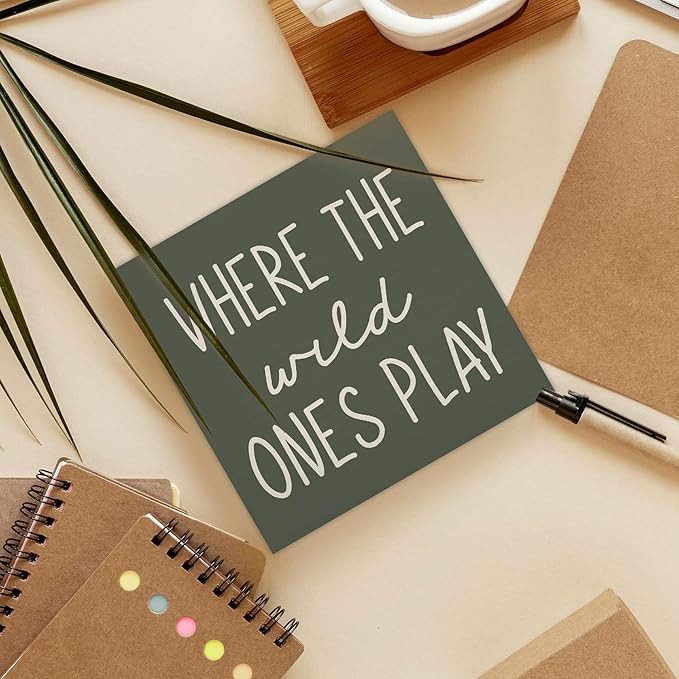 Where The Wild Ones Play Green Wood Box Sign Desk Decor 6x6, Nursery Kids Room Wooden Block Sign Decorations for Playroom Toddler Boys Girls Room Wall Tabletop Shelf Decor