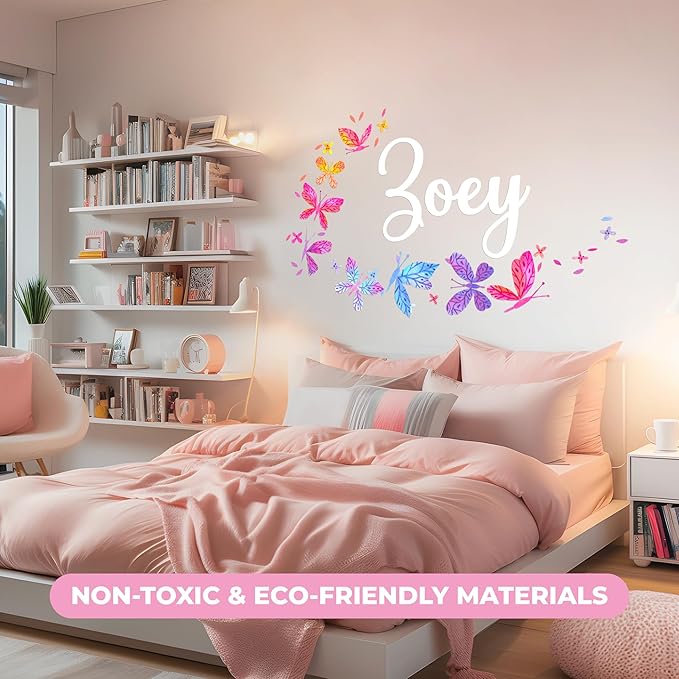 Personalized Name Butterfly Wall Decals for Girls Bedroom - Pink Room Decor with Rainbow Options - Multiple Sizes & Colors