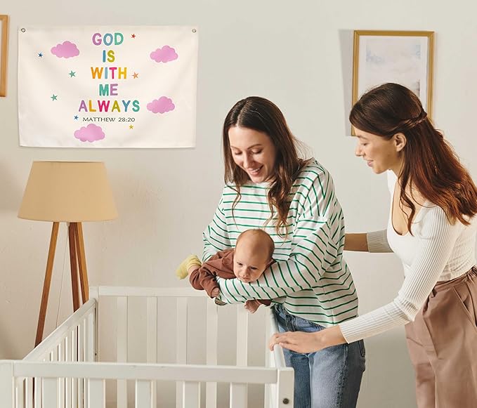 Christian Bible Verse Scripture Rectangular Banner Flag Wall Sign Decor Gift for Baby Girls-Nursery Baby Room Bedroom Decor-Baby,Shower Birthday Christmas Gift-God Is with Me Always