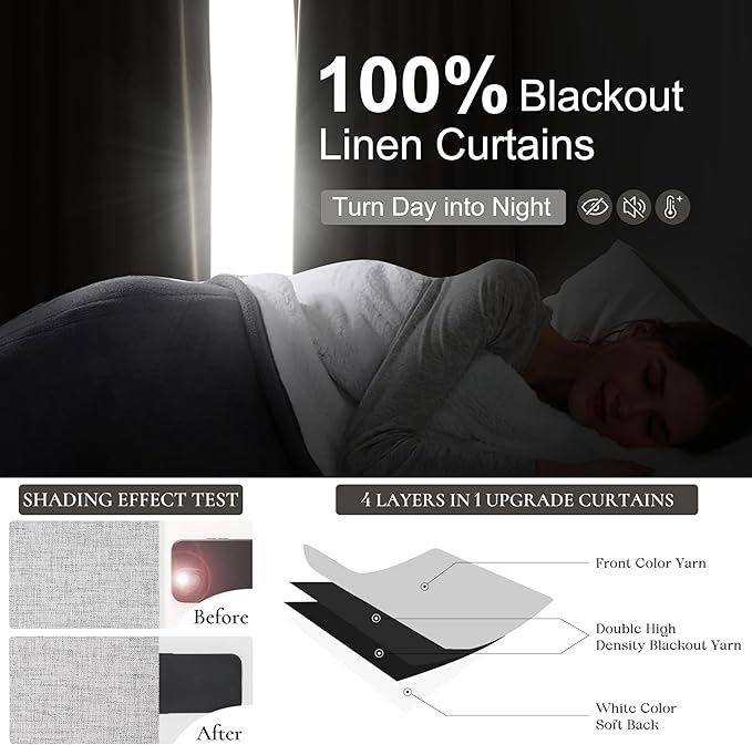Grey Linen Room Darkening Curtains 95 Inches Long 2 Panels Set for Sliding Glass Doors, Cottage Core Blackout Pleat Light Gray Aesthetic Drapes Soundproof Privacy Window Curtain (50"W x 95"L 2Panels)
