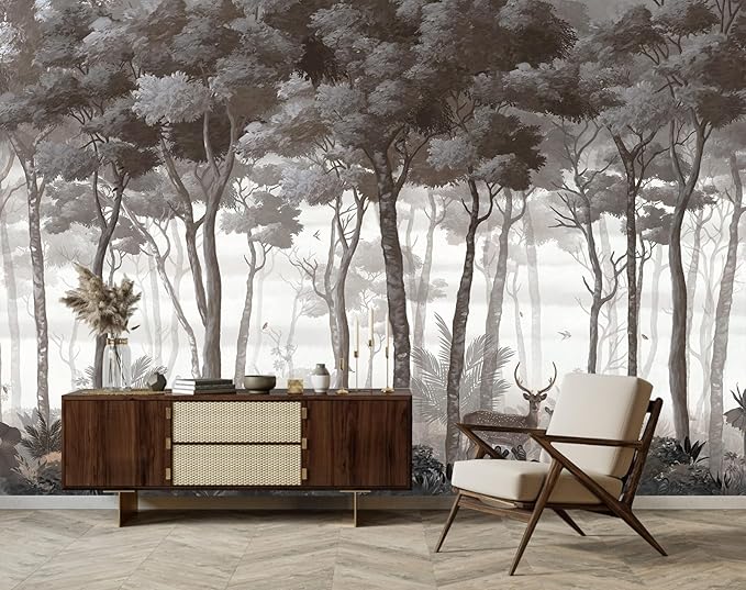 Vintage Forest Wall Mural Dark Trees Animals Wallpaper for Living Room Bedroom（Not Peel and Stick）