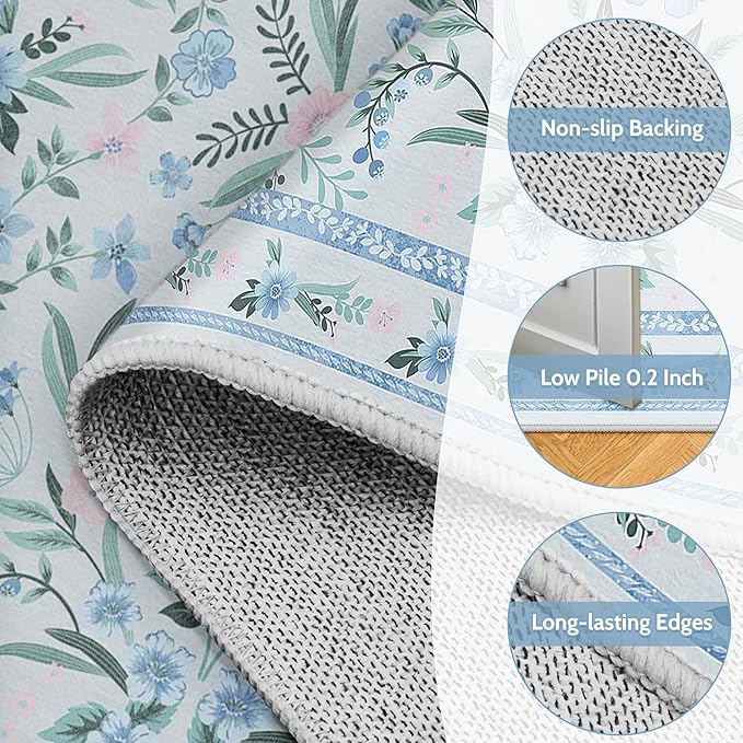 Blue Floral Rug 4x6 for Girls Bedroom, Washable Non-Slip Boho Area Rug, Soft Ultra-Thin Carpet for Nursery, Kids Room, Dorm, Living Room or Playroom