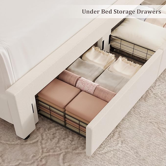 HITHOS Upholstered Full Led Bed Frame with Charging Station and Storage Drawers, Velvet Princess Platform Bed Frames with Crystal-Button Tufted Headboard for Girls and Kids, No Box Spring Need, Beige
