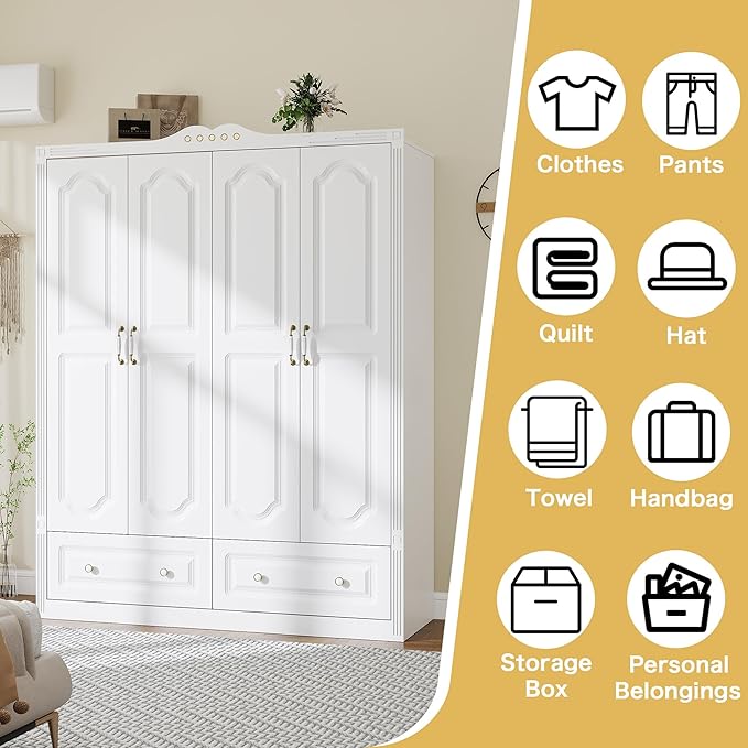 White Armoire Wardrobe Closet with Drawers: 74" Large Wardrobe Closet with 4 Doors and 2 Drawers, Bedroom Armoires with Hanging Rod, Wooden Armoire Closets for Hanging Clothes (White, 59")