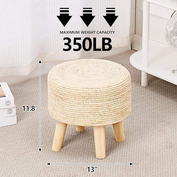Cpintltr Round Ottoman Natural Seagrass Footstool Hand Weave Water Hyacinth Poufs Eco Friendly Sofa Foot Stool Soft Step Stool Padded Foot Rest with Pine Legs for Living Room (Natural White)