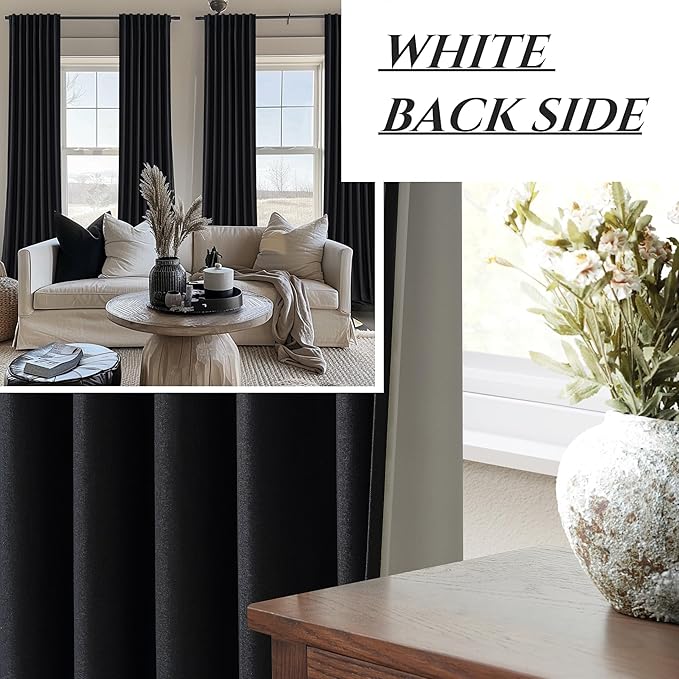 100% Blackout 100 Inch Long Black Curtains for Bedroom 2 Panels Set, Modern Pleated Lush Decor Curtain Rod Pocket Black Boho Insulated Soundproof Large Window Heavy Linen Drape 50" Wx100 L