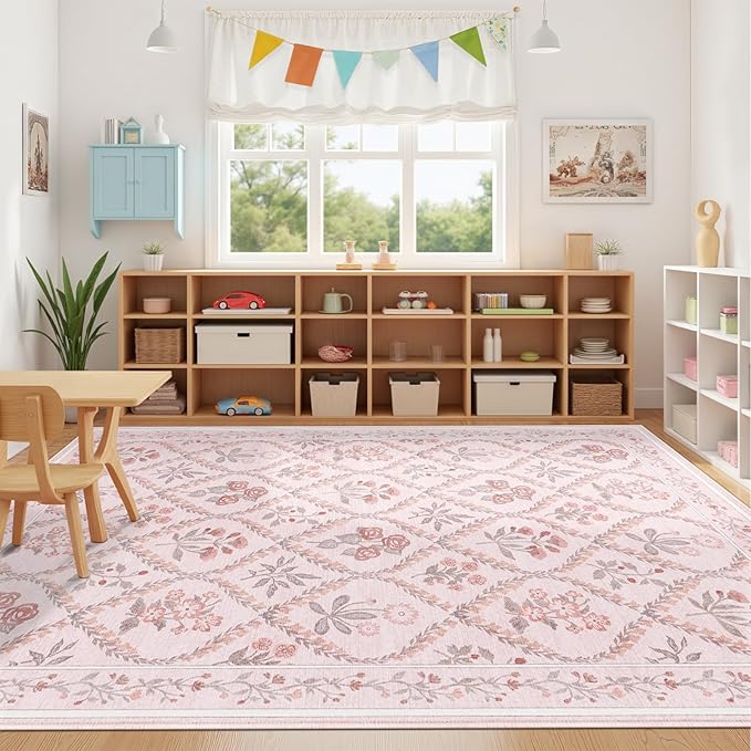Pink Area Rug for Living Room 8x10, Soft Large Washable Bedroom Rug, Boho Cute Floral Indoor Decor Non Slip Low Pile Carpet for Girls Room Kids Playroom Nursery, Pink Multi