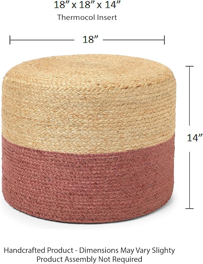 REDEARTH · Cylindrical Pouf Foot Stool Ottoman - Jute Braided Pouffe Poof Accent Sitting Footrest for Living Room, Bedroom, Nursery, Patio, Lounge & Other Rooms (Natural Rust, 18"X18"X14")