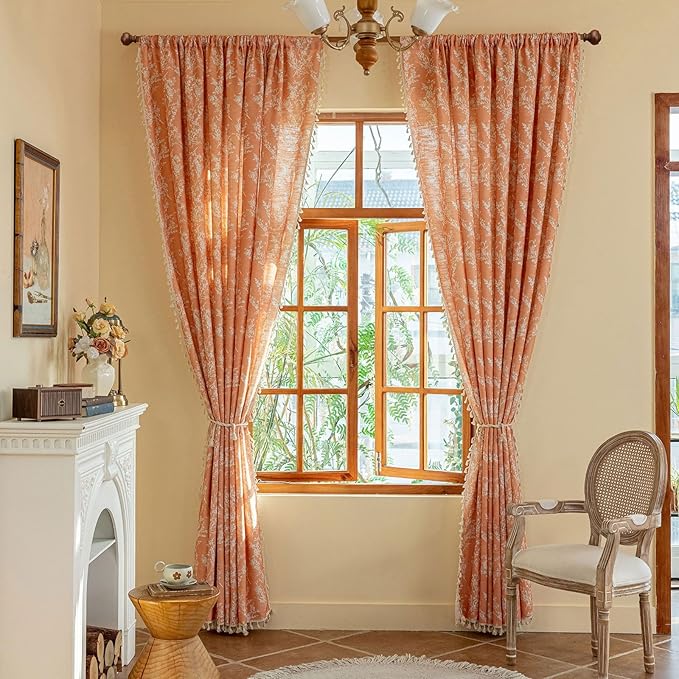 OYX Orange Boho Curtains 63 in Long with Tassel for Living Room,Semi Sheer Printed Floral Curtains, Rod Pocket Farmhouse Vintage Rustic Drapes for Bedroom, Home Decor 2 Panel Sets,Burnt Rustic Drapes