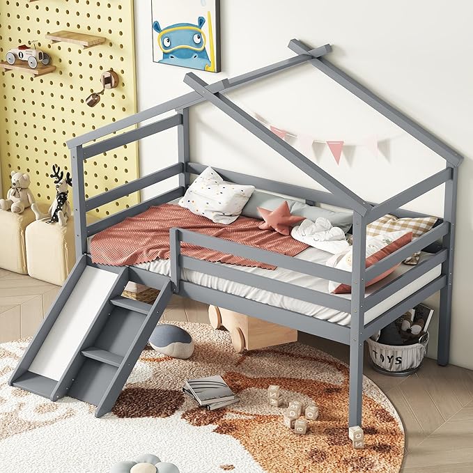 Twin Size Low Loft Bed with Slide and Ladder for Kids Boys Girls, Solid Wood House Roof Loft Bed Frame with Safety Guardrails, Sturdy Slat Support (Grey-50)