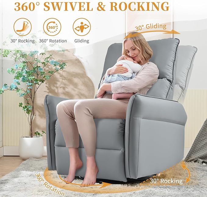 Glider Chair for Nursery, 360° Swivel Rocker Recliner with Side Pocket, Leather Manual Rocking Chair for Living Room, Bedroom, Small Spaces