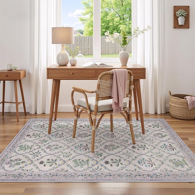 3x5 Nursery Rug, Boho Purple Floral Area Rugs Machine Washable, Soft Ultra-Thin Purple Carpet Non Slip for Girls Room Bedroom Entryway Playroom Living Room, Purple Grey