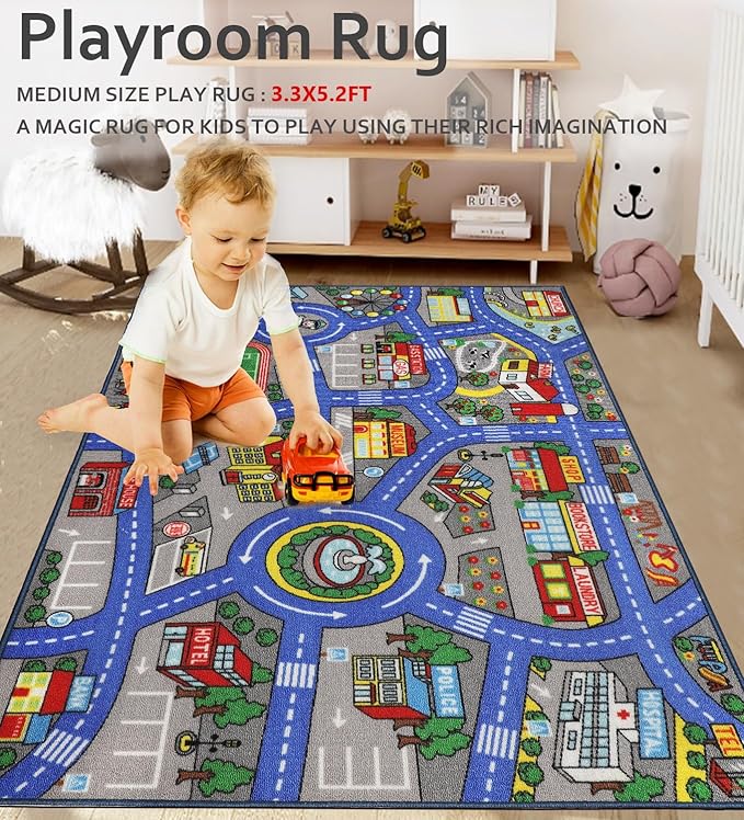 Kids Rug 3'3" x 5'2" City Life Playmat Area Rug Car City Map Washable Traffic Road Educational Learning Nursery Rug Carpet for Children Playroom Living Room Bedroom Classroom Decor Dark Blue