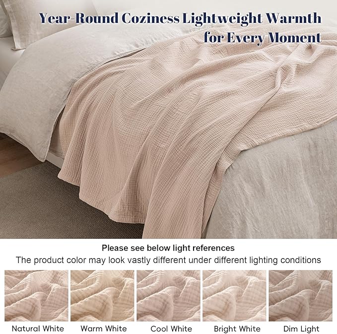 PHF 100% Cotton Muslin Blanket Twin XL Size 66"x90", 4-Layer Lightweight Gauze Throw, Breathable Cloud-Soft Minimalist Blanket for Bed, Couch, Camping & Baby, Dusty Pink, Ideal Gift