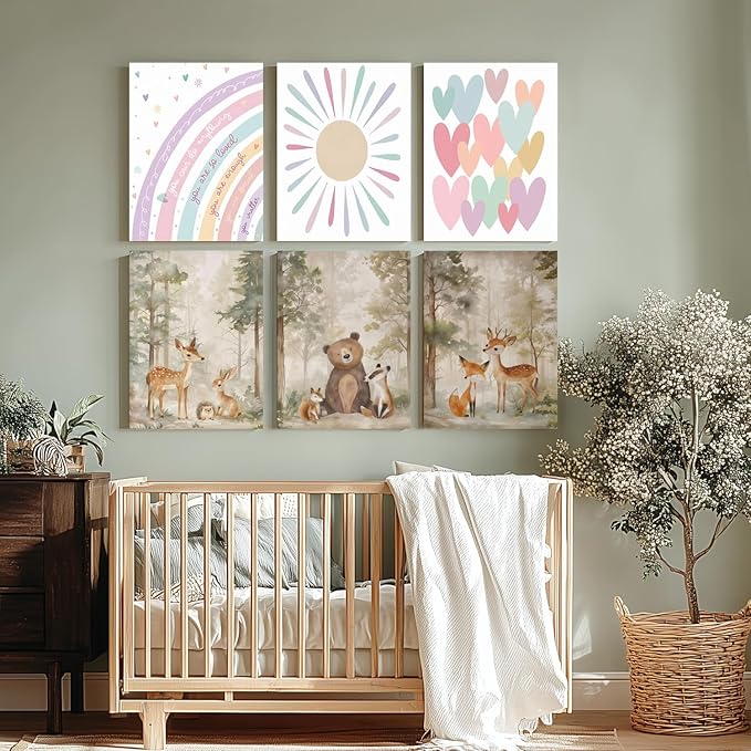 LLEEMPI Framed Pink Heart Sun Rainbow Wall Art Set of 3, Baby Room Wall Decor, Boho Rainbow Nursery Canvas Painting, Classic Minimalist Poster Prints for Bedroom Bathroom Classroom 12x16 Inch