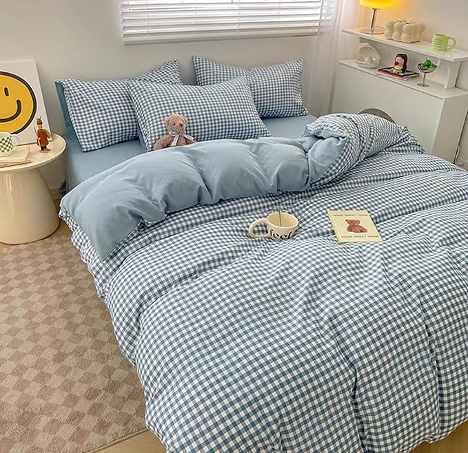 Gingham Duvet Cover Queen Size Blue Striped Bedding Set 3Pcs Kids Boys Girls Geometric Stripes Grid Lattice Soft Breathable Microfiber Comforter Cover with 2 Pillowcases