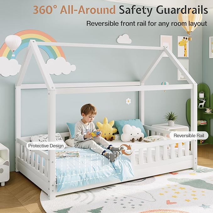 Jocisland Twin Size House Bed for Kids, Montessori Wooden Floor Bed Frame with Guardrails, Removable Rails, Playhouse Roof, Easy Assembly, Toddler Floor Bed for Boys & Girls, White