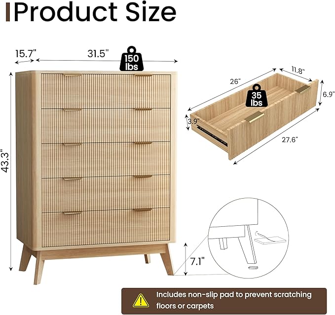 SUNWAVE Fluted 5 Drawer Dresser for Bedroom, 43.3" Tall Dressers with Round Corner, Mid-Century Modern Wood Chest for Living Room, Entry