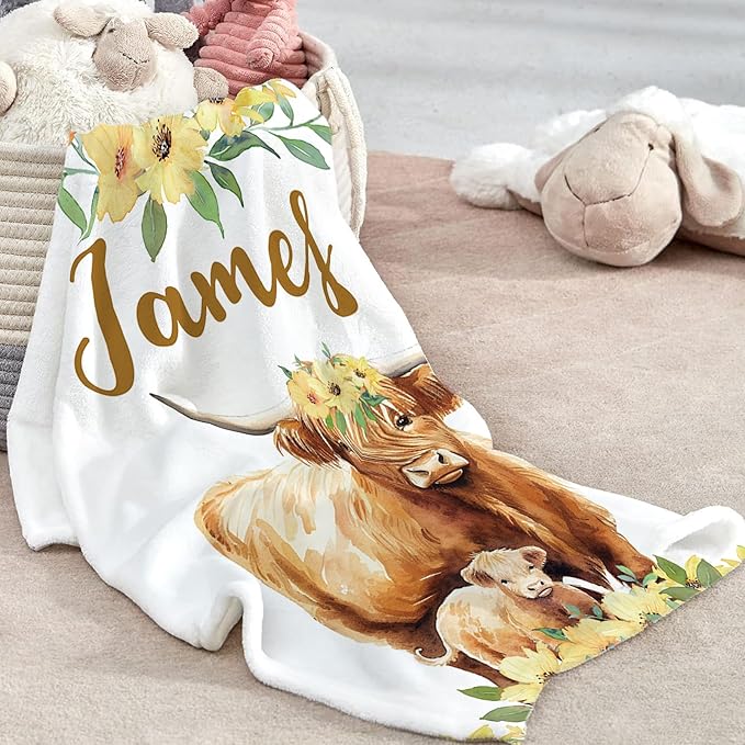 Custom Baby Crib Bedding Set - Highland Cow Design Personalized Name Yellow Flower Baby Nursery Bedding 3 Pcs Set - Chic Soft Blanket, Fitted Sheet, Room Rug for Newborns Boys Girls Gifts