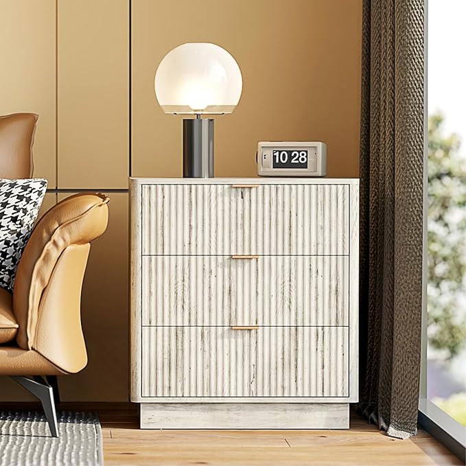 Mid Century Modern 3 Drawer Dresser for Bedroom, Fluted Wood Nightstand with Round Edge Design, Shallow Bedroom Storage for Closet, Living Room (Frosted Oak)