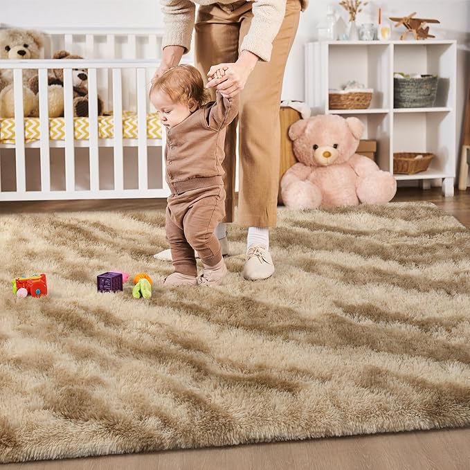 Merelax Area Rugs for Living Room Bedroom, Non-Slip Large 6x9 Feet Soft Fluffy Shaggy Bedside Rug, Indoor Floor Carpet for Kids Dorms, Nursery Rooms, Playroom, Home Decor Aesthetic, Beige/Brown