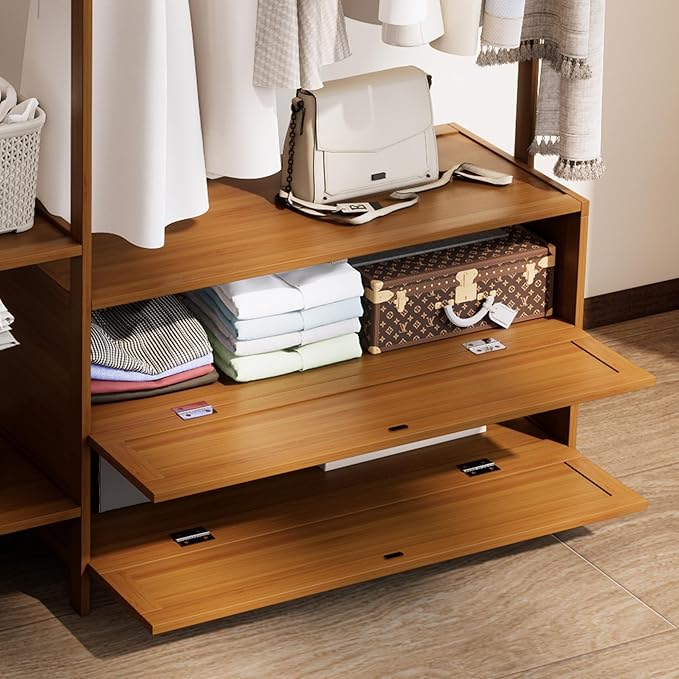 Garment Rack with Drawers,Cute Clothing Rack,Bamboo Clothes Rack,Clothes Rack Hanging,Solid Thickened Clothes Racks with Shelves (39.4inch Width Tawny)