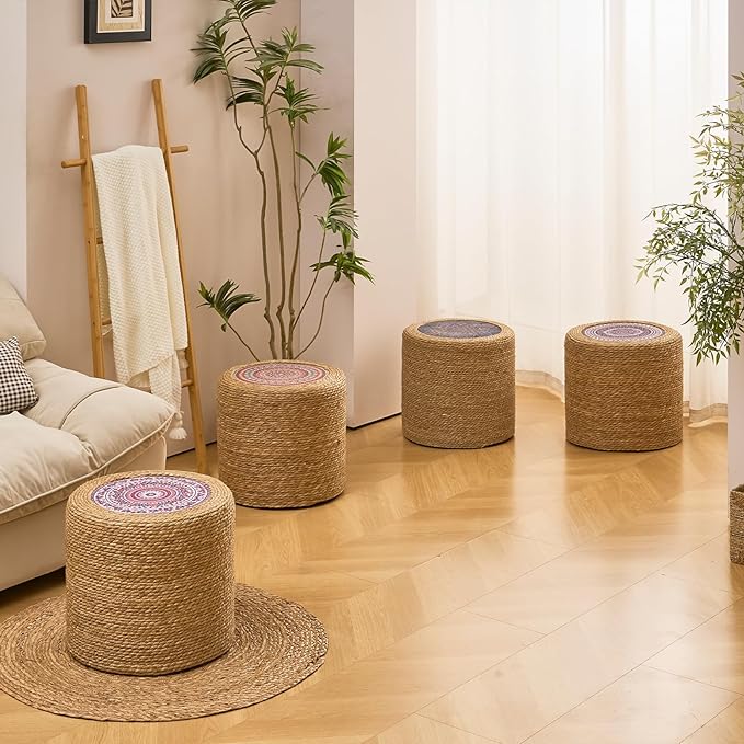 Wimarsbon 18'' Ottoman Pouf, Natural Braided Poof, Rustic Handweave Lounge Pouffe, Boho Footrest Stool for Bedroom, Accent Table for Living Room (18inch Natural Cattail-Boho Style 3)