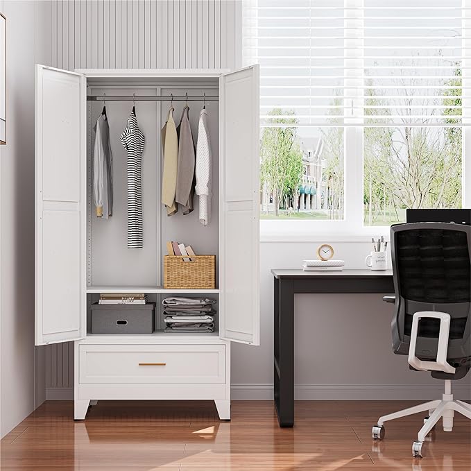 Metal Wardrobe Closet Cabinet with Drawers,71" H Large Bedroom Armoires with Shelves and Hanging Rod,Wardrobe Storage Cabinet with 2 Doors, 1 Adjustable Shelf and Drawers (1Drawer, White)