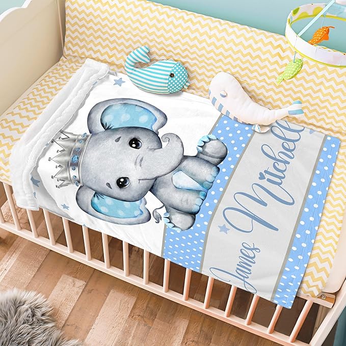 J&SBGFT Personalized Baby Blanket for Boys,Custom with Name, Customized Name Receiving Blankets Toddlers Kids Nursery Stroller Crib Decor Throw 30/''x40/'',Color9, 09-blue Elephant King